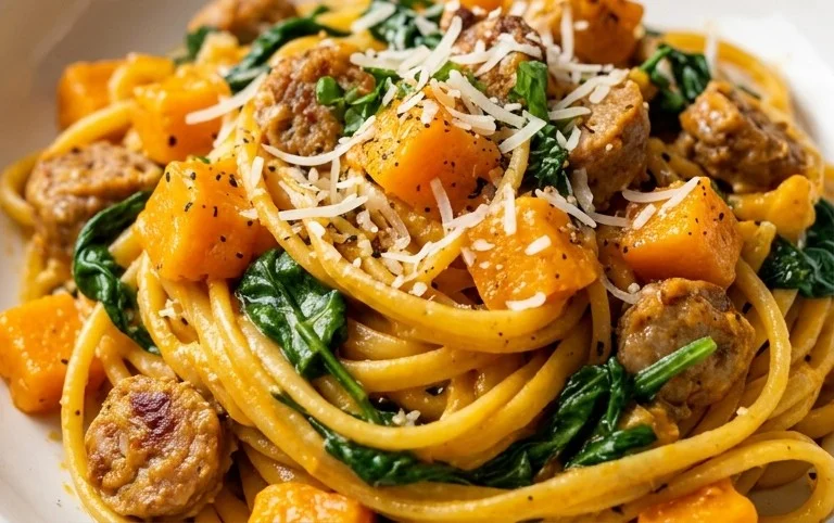 Creamy Roasted Butternut Squash Pasta with Sausage and Spinach